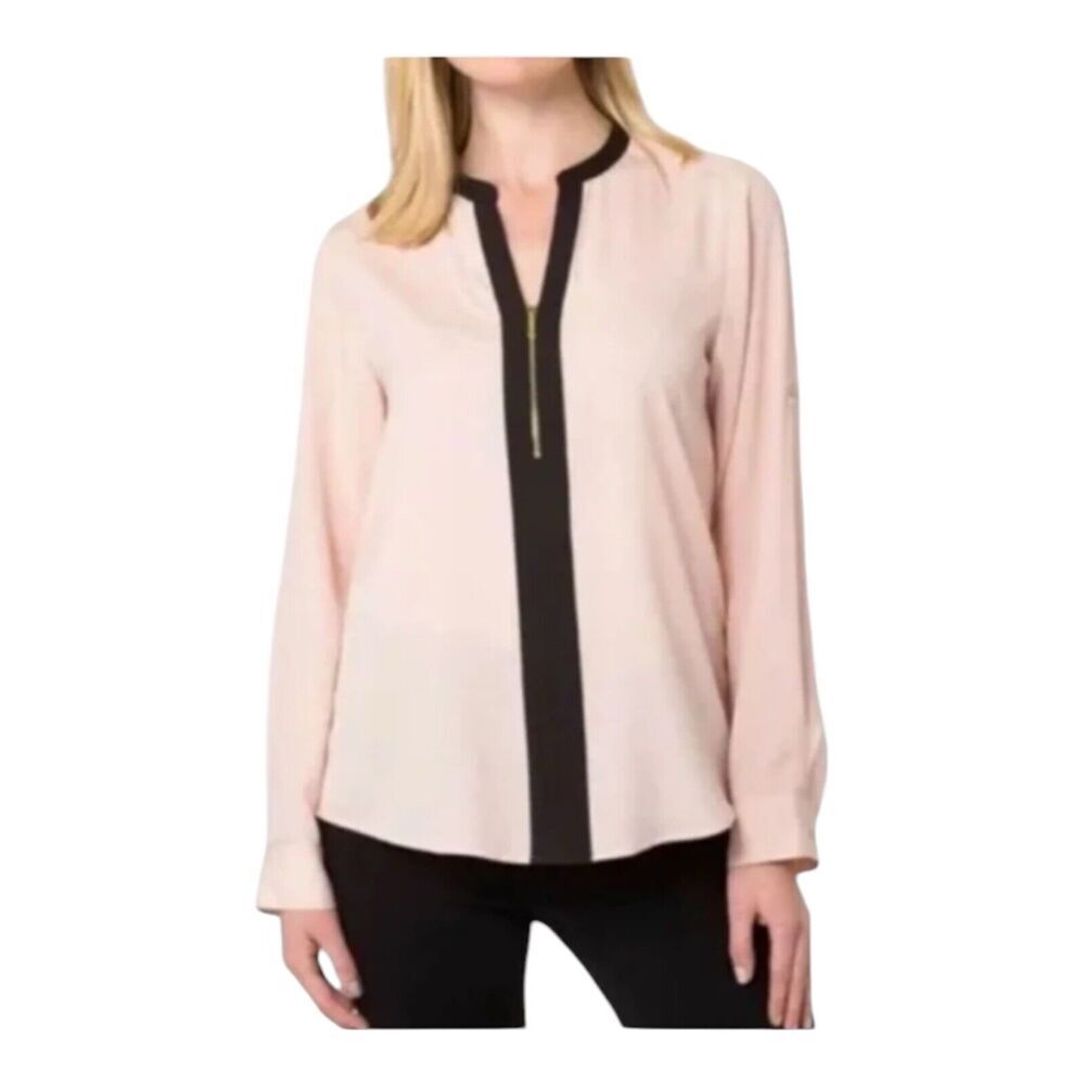 Calvin Klein Blouse Women Small 1/2 Zip Shell Pink Black Trim Roll Tab Sleeves